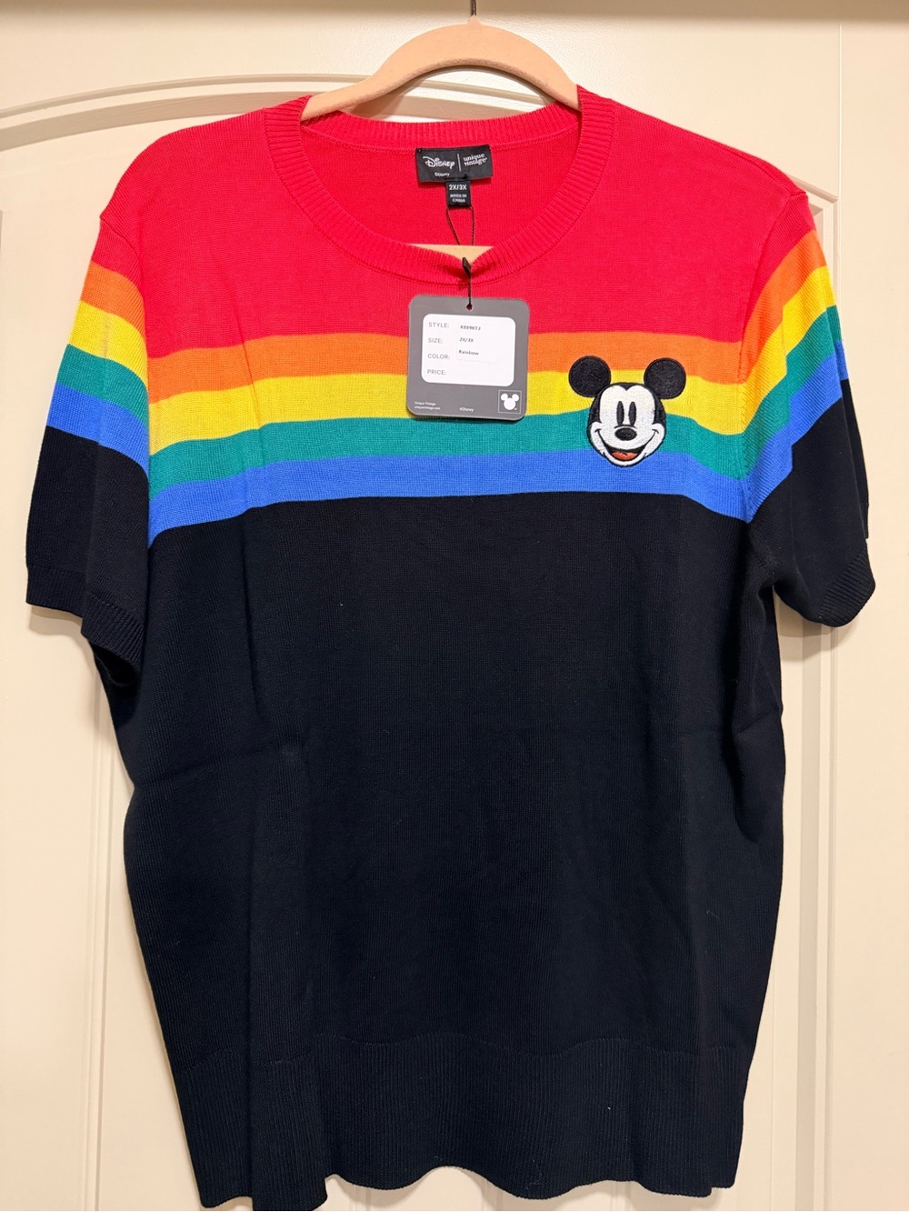 NWT Unique Vintage Red Rainbow Stripe Mickey Short Sleeve Sweater